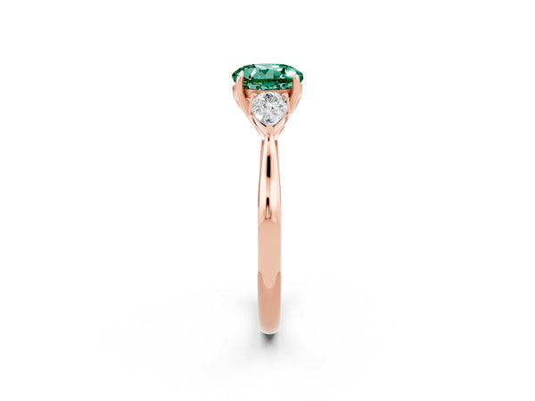 Rose gold Round Cut Green Sapphire Three-Stone Ring with Pear  Side Stones and Prong Setting
