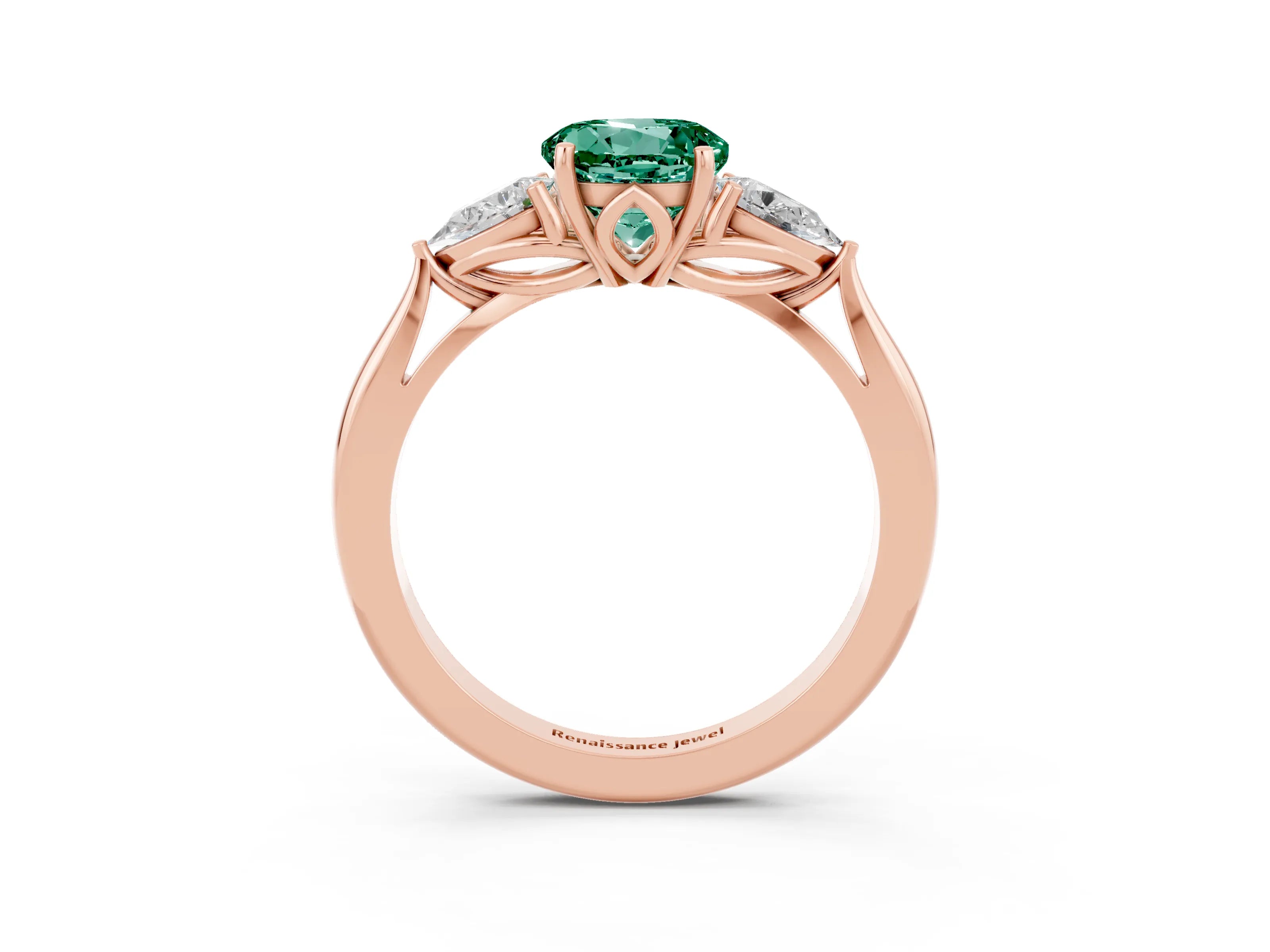 Rose gold Round Cut Green Sapphire Three-Stone Ring with Pear Side Stones and Four-Prong Setting_15