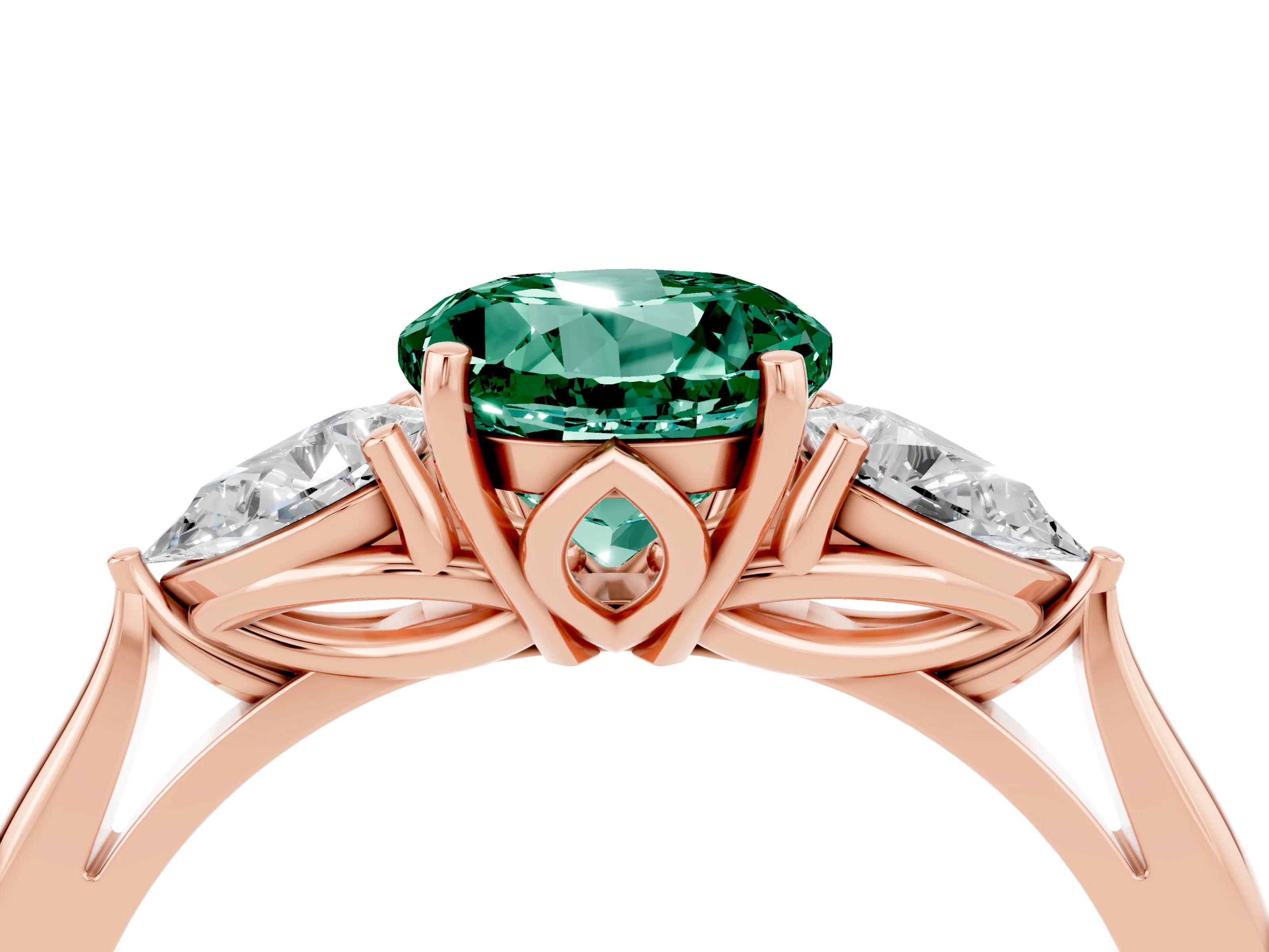 Rose gold Round Cut Green Sapphire Three-Stone Ring with Pear Side Stones and Four-Prong Setting_16