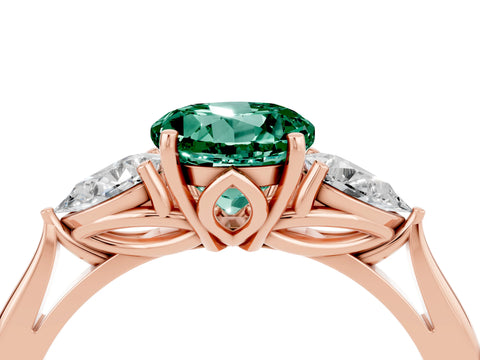 Rose gold Round Cut Green Sapphire Three-Stone Ring with Pear Side Stones and Four-Prong Setting_16