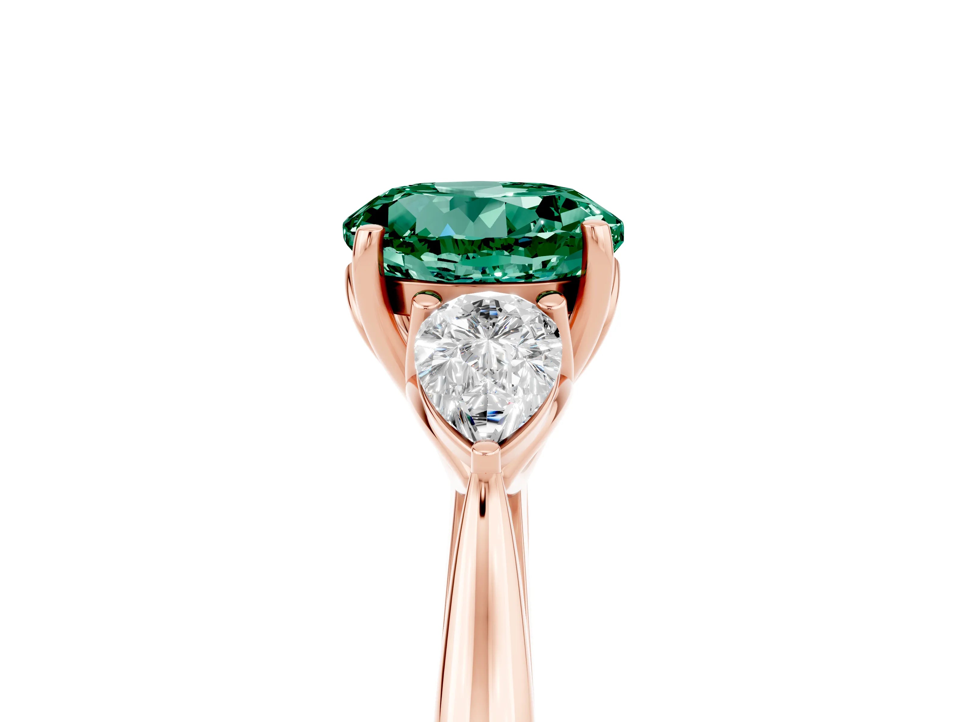 Rose gold Round Cut Green Sapphire Three-Stone Ring with Pear Side Stones and Four-Prong Setting_17