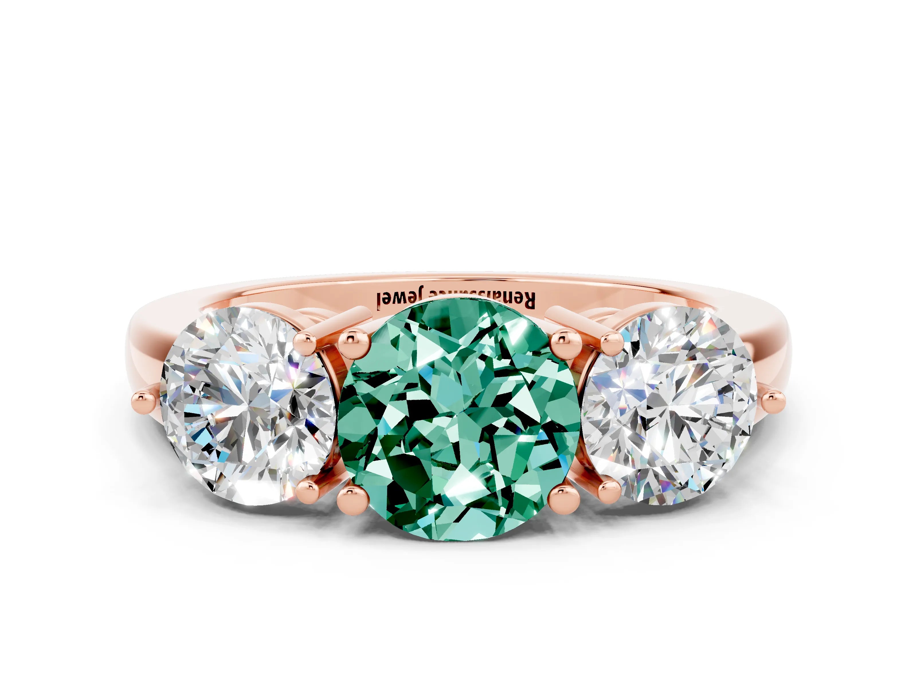 Rose gold Round Cut Green Sapphire Three-Stone Ring with Prong Setting and Classic Band