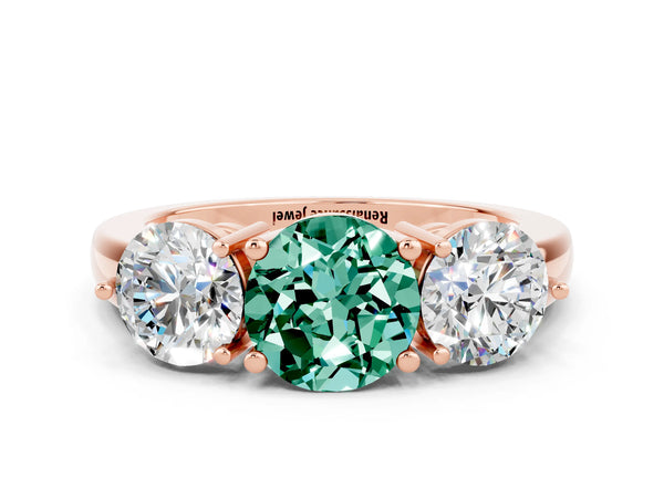 Rose gold Round Cut Green Sapphire Three-Stone Ring with Prong Setting and Classic Band
