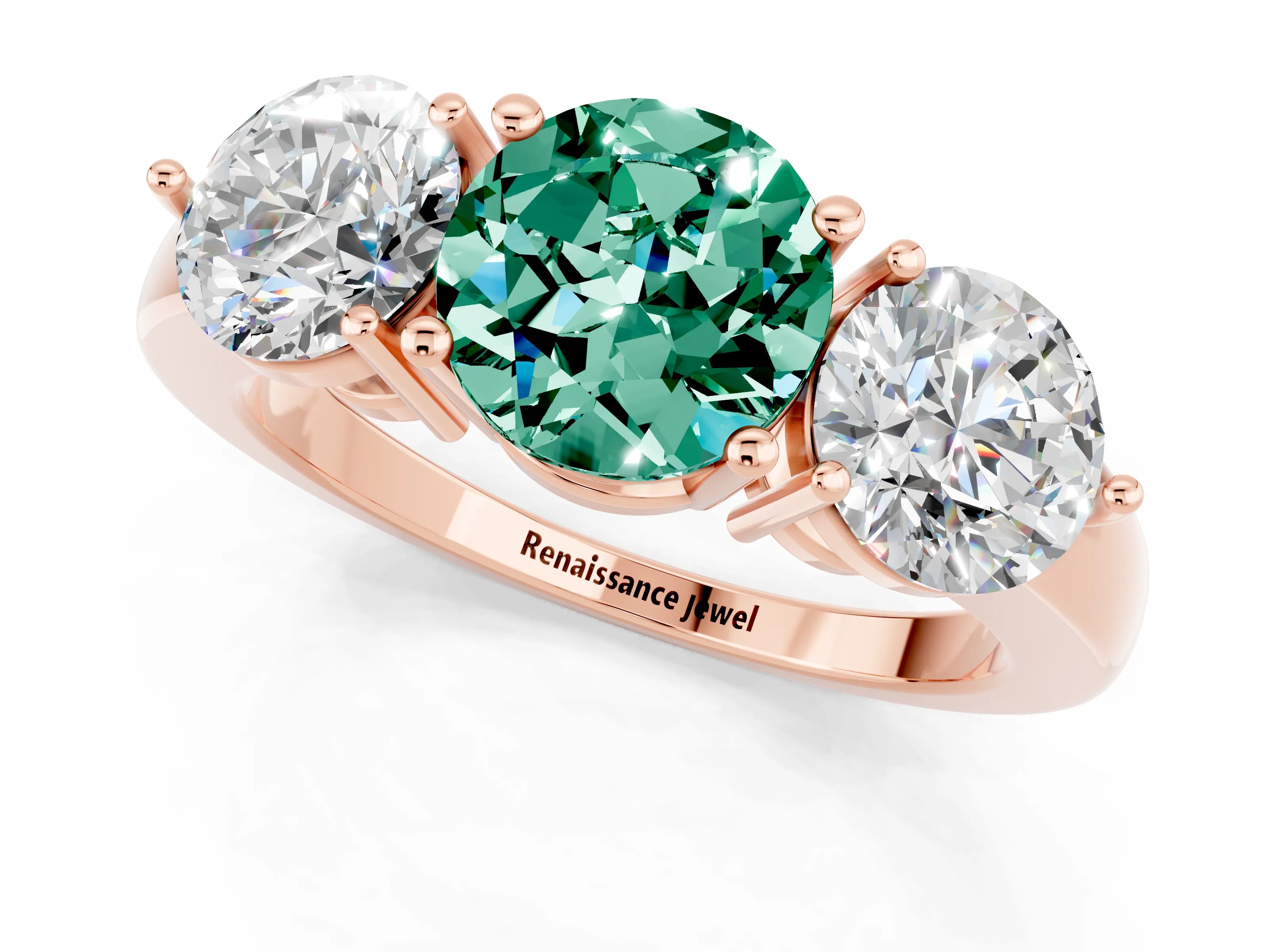 Rose gold Round Cut Green Sapphire Three-Stone Ring with Prong Setting and Classic Band_1