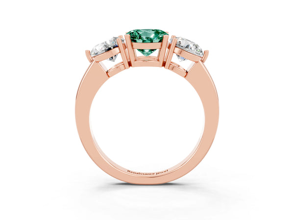 Rose gold Round Cut Green Sapphire Three-Stone Ring with Prong Setting and Classic Band
