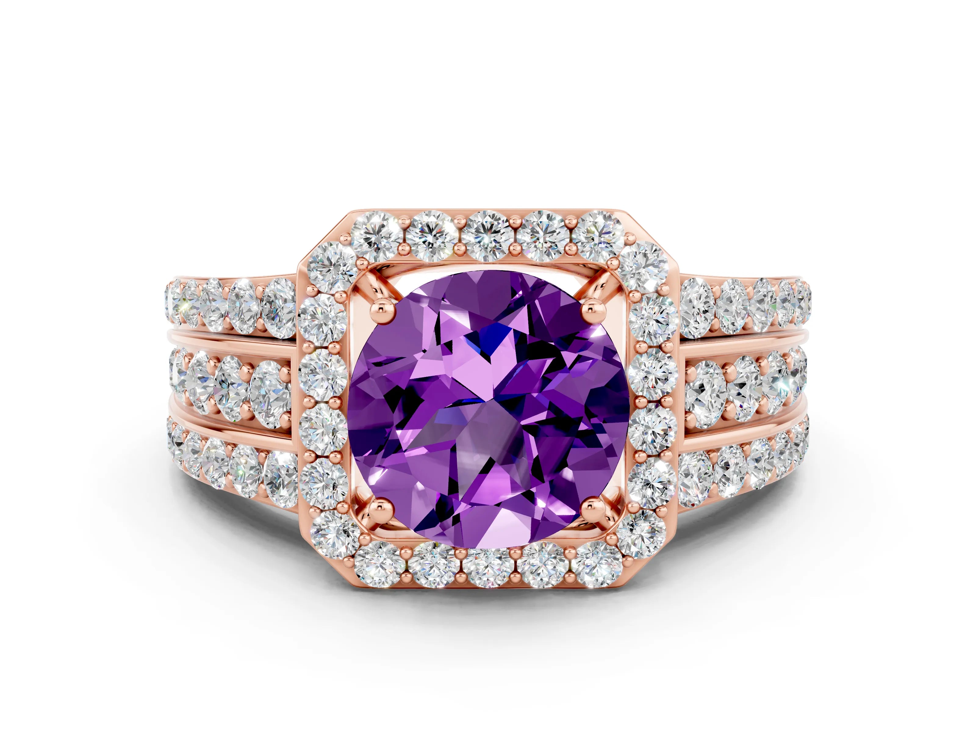 Rose gold Round Cut Halo Amethyst Ring with Split Shank and Four-Prong Setting