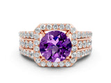 Rose gold Round Cut Halo Amethyst Ring with Split Shank and Four-Prong Setting
