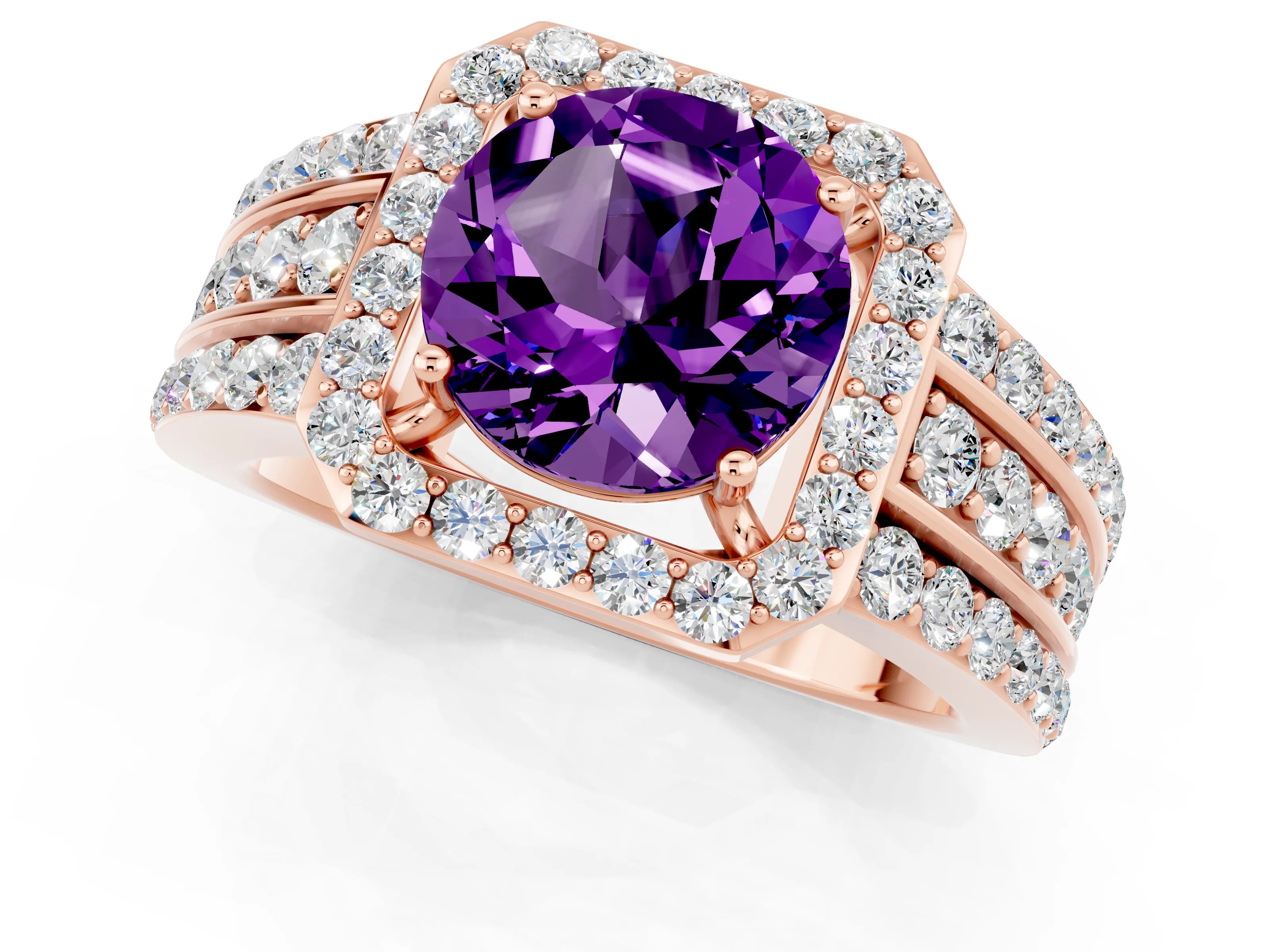 Rose gold Round Cut Halo Amethyst Ring with Split Shank and Four-Prong Setting_1