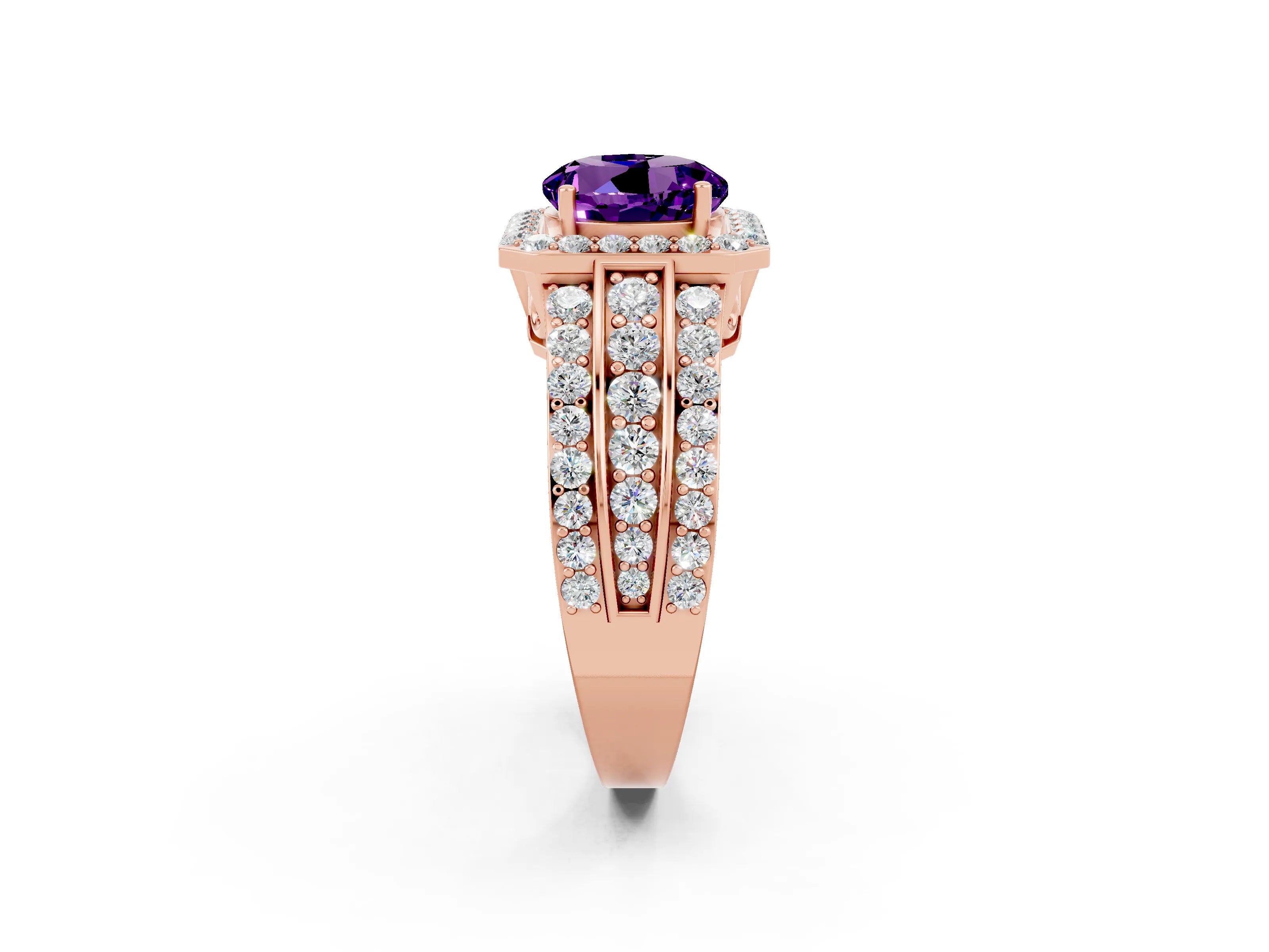 Rose gold Round Cut Halo Amethyst Ring with Split Shank and Four-Prong Setting_2