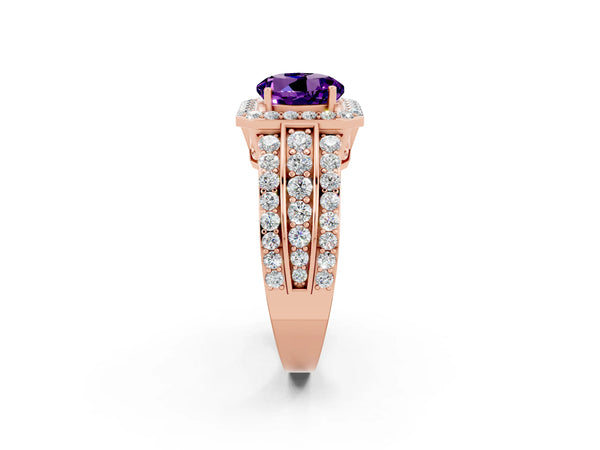 Rose gold Round Cut Halo Amethyst Ring with Round  Split Shank and Prong Setting