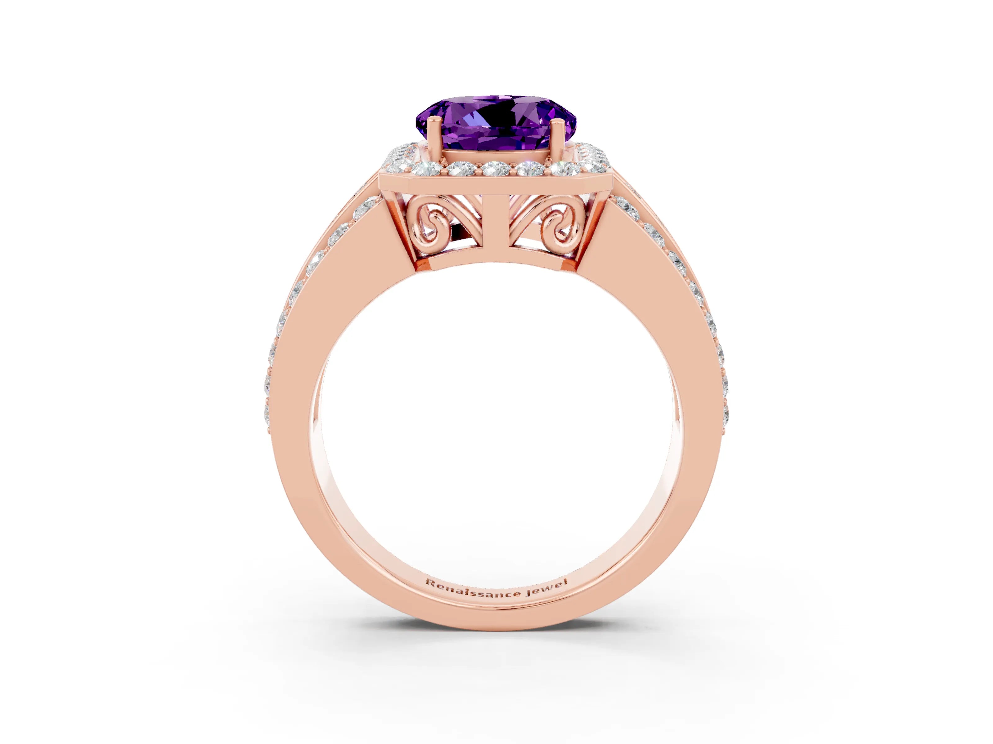 Rose gold Round Cut Halo Amethyst Ring with Split Shank and Four-Prong Setting_3