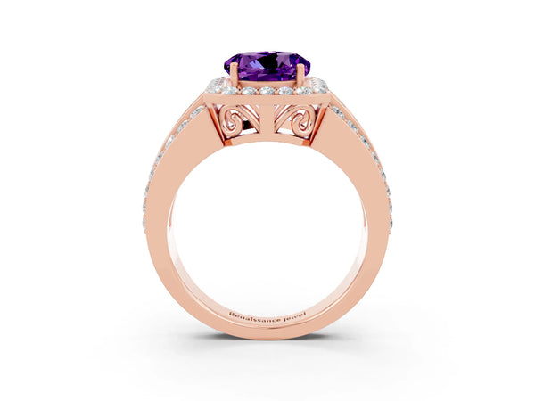 Rose gold Round Cut Halo Amethyst Ring with Round  Split Shank and Prong Setting