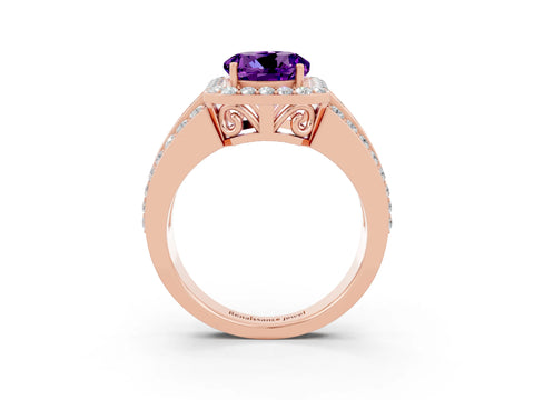 Rose gold Round Cut Halo Amethyst Ring with Split Shank and Four-Prong Setting_3