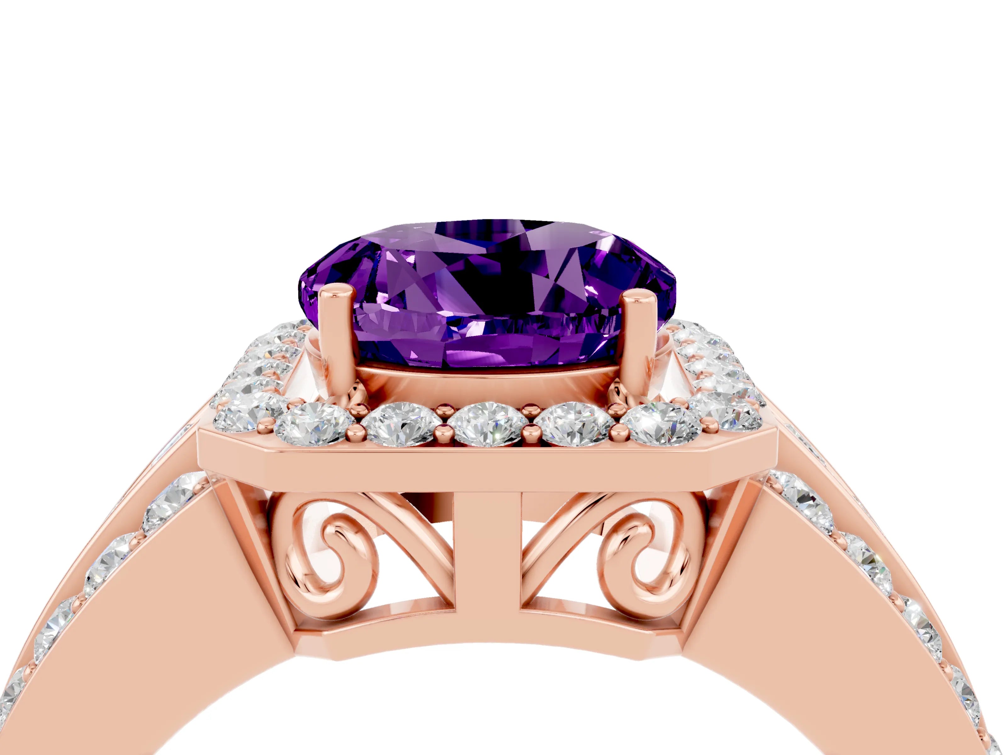 Rose gold Round Cut Halo Amethyst Ring with Split Shank and Four-Prong Setting_4