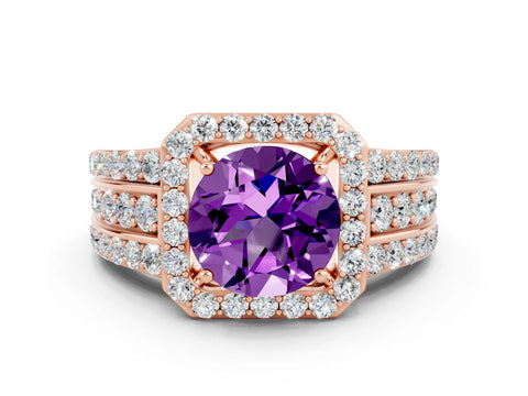 Rose gold Round Cut Halo Amethyst Ring with Split Shank and Four-Prong Setting