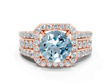 Rose gold Round Cut Halo Aquamarine Ring with Split Shank and Four-Prong Setting
