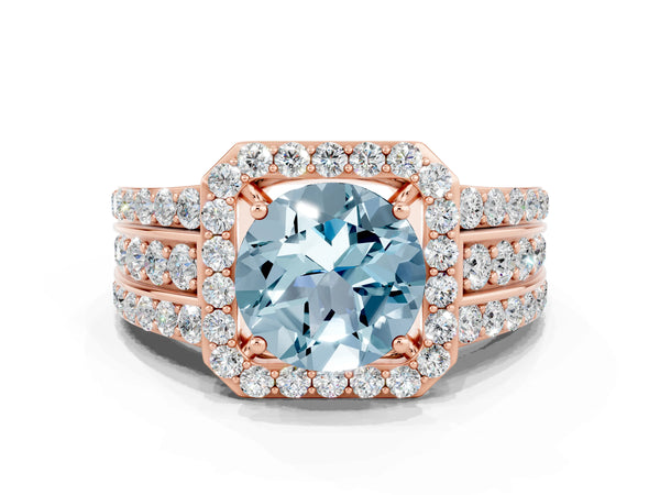 Rose gold Round Cut Halo Aquamarine Ring with Round  Split Shank and Prong Setting