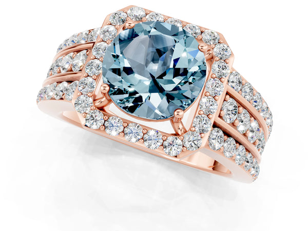 Rose gold Round Cut Halo Aquamarine Ring with Round  Split Shank and Prong Setting