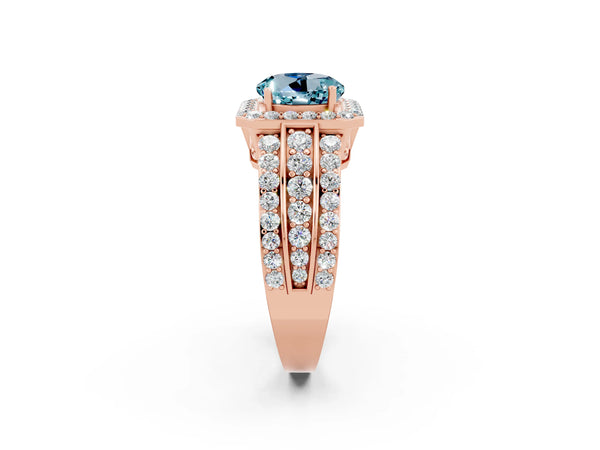 Rose gold Round Cut Halo Aquamarine Ring with Round  Split Shank and Prong Setting