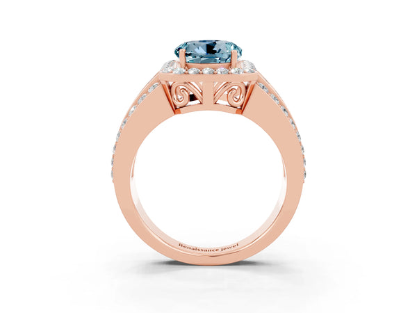 Rose gold Round Cut Halo Aquamarine Ring with Round  Split Shank and Prong Setting