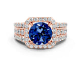 Rose gold Round Cut Halo Blue Sapphire Ring with Split Shank and Four-Prong Setting