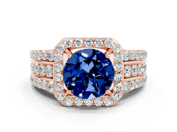 Rose gold Round Cut Halo Blue Sapphire Ring with Round  Split Shank and Prong Setting