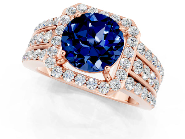 Rose gold Round Cut Halo Blue Sapphire Ring with Round  Split Shank and Prong Setting
