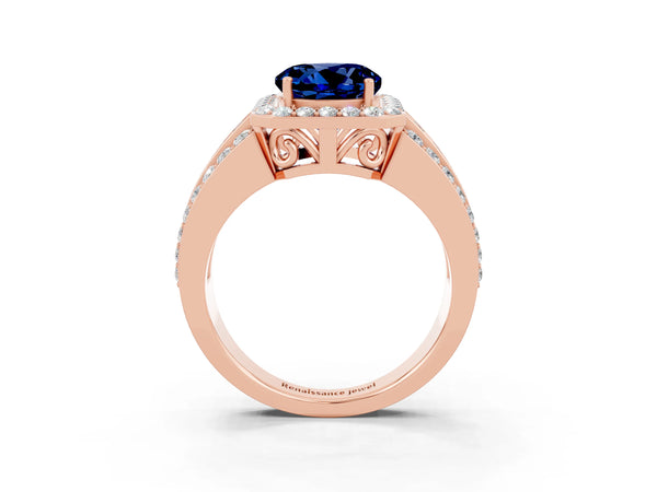 Rose gold Round Cut Halo Blue Sapphire Ring with Round  Split Shank and Prong Setting