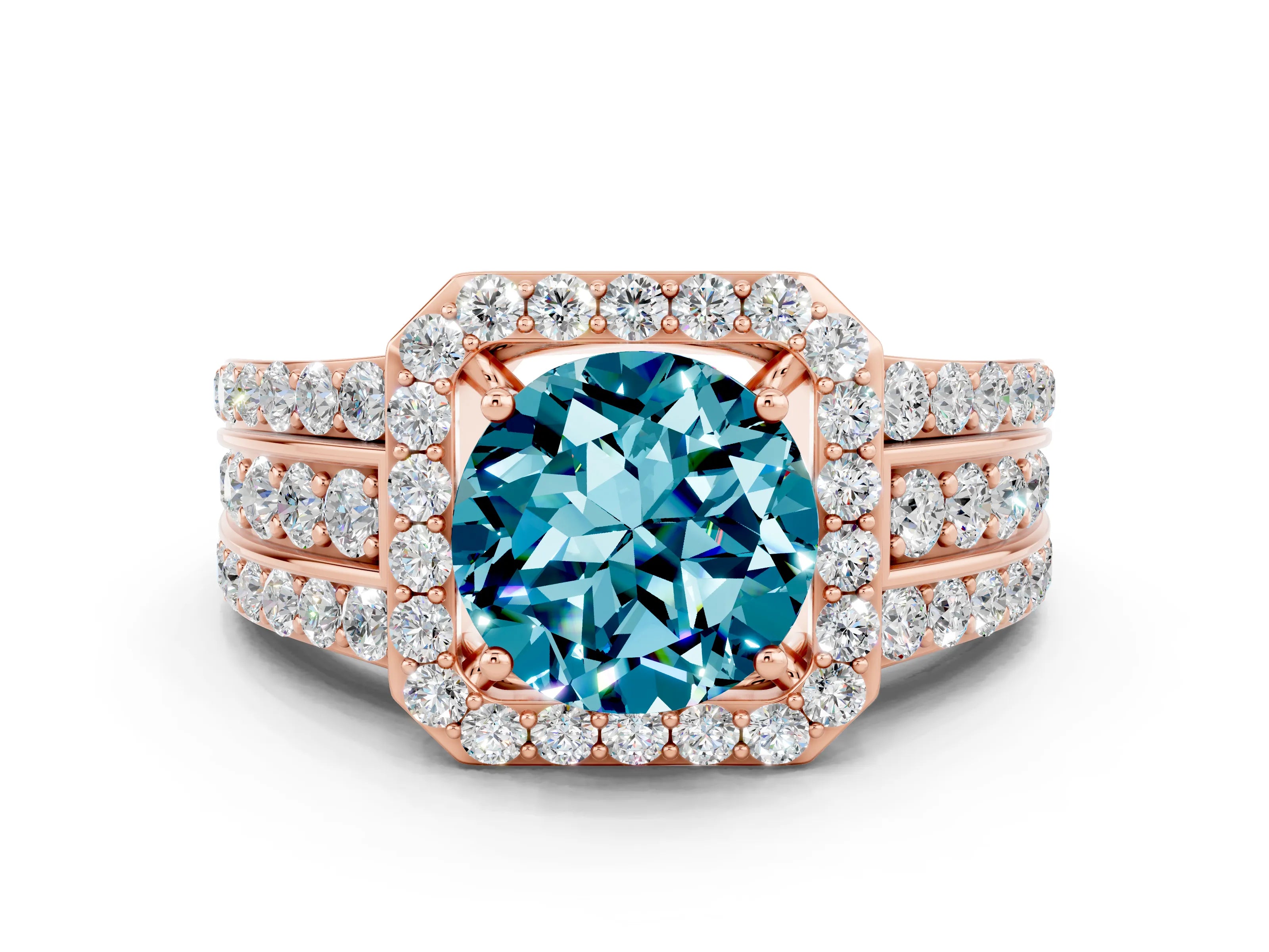 Rose gold Round Cut Halo Blue Topaz Ring with Split Shank and Four-Prong Setting