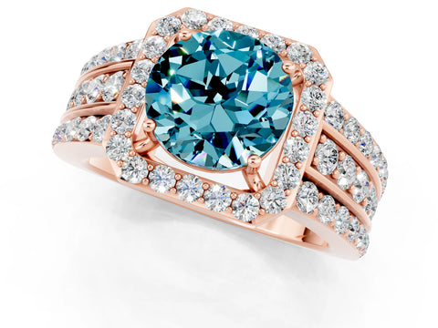 Rose gold Round Cut Halo Blue Topaz Ring with Split Shank and Four-Prong Setting_1