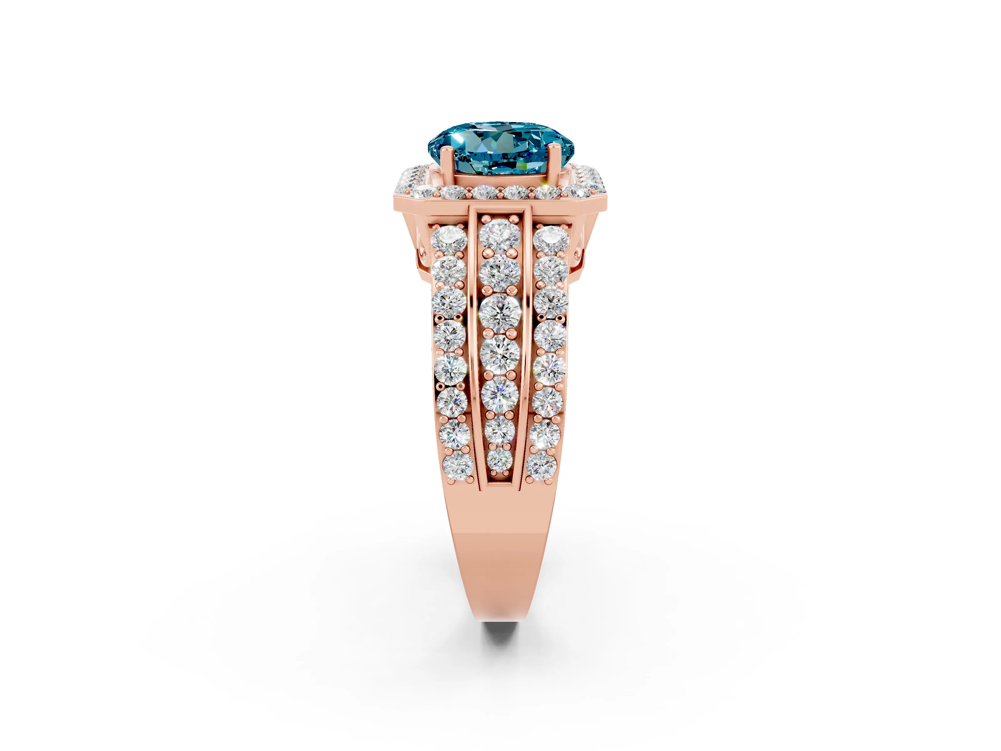 Rose gold Round Cut Halo Blue Topaz Ring with Split Shank and Four-Prong Setting_2