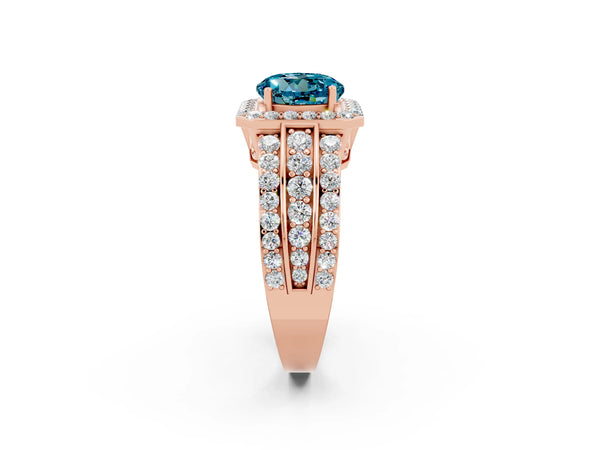 Rose gold Round Cut Halo Blue Topaz Ring with Round  Split Shank and Prong Setting