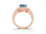 Rose gold Round Cut Halo Blue Topaz Ring with Split Shank and Four-Prong Setting_3