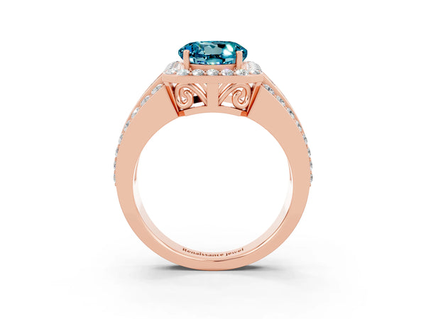 Rose gold Round Cut Halo Blue Topaz Ring with Round  Split Shank and Prong Setting