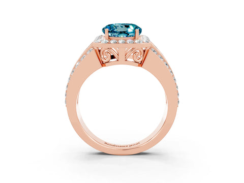 Rose gold Round Cut Halo Blue Topaz Ring with Split Shank and Four-Prong Setting_3
