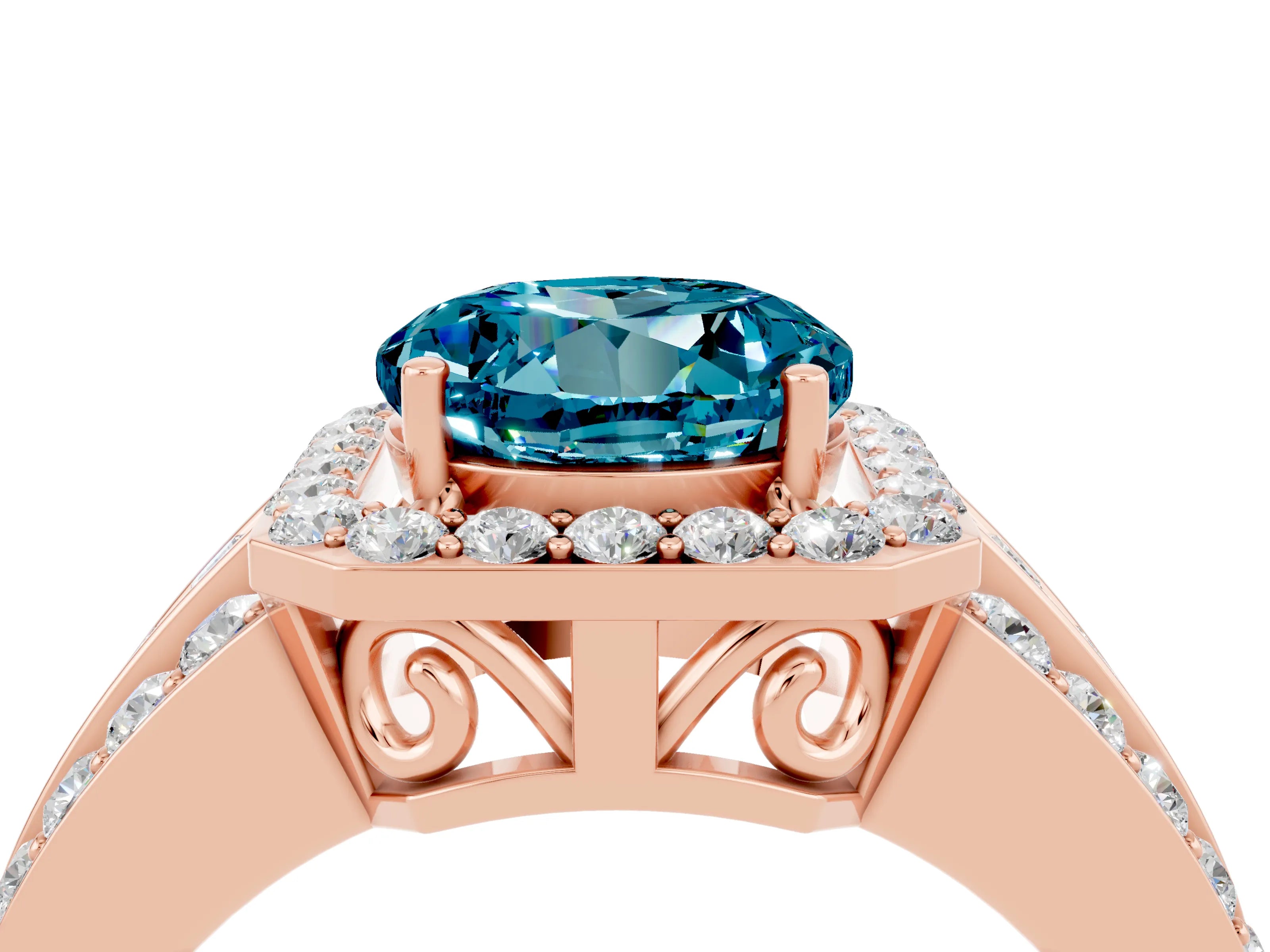 Rose gold Round Cut Halo Blue Topaz Ring with Split Shank and Four-Prong Setting_4