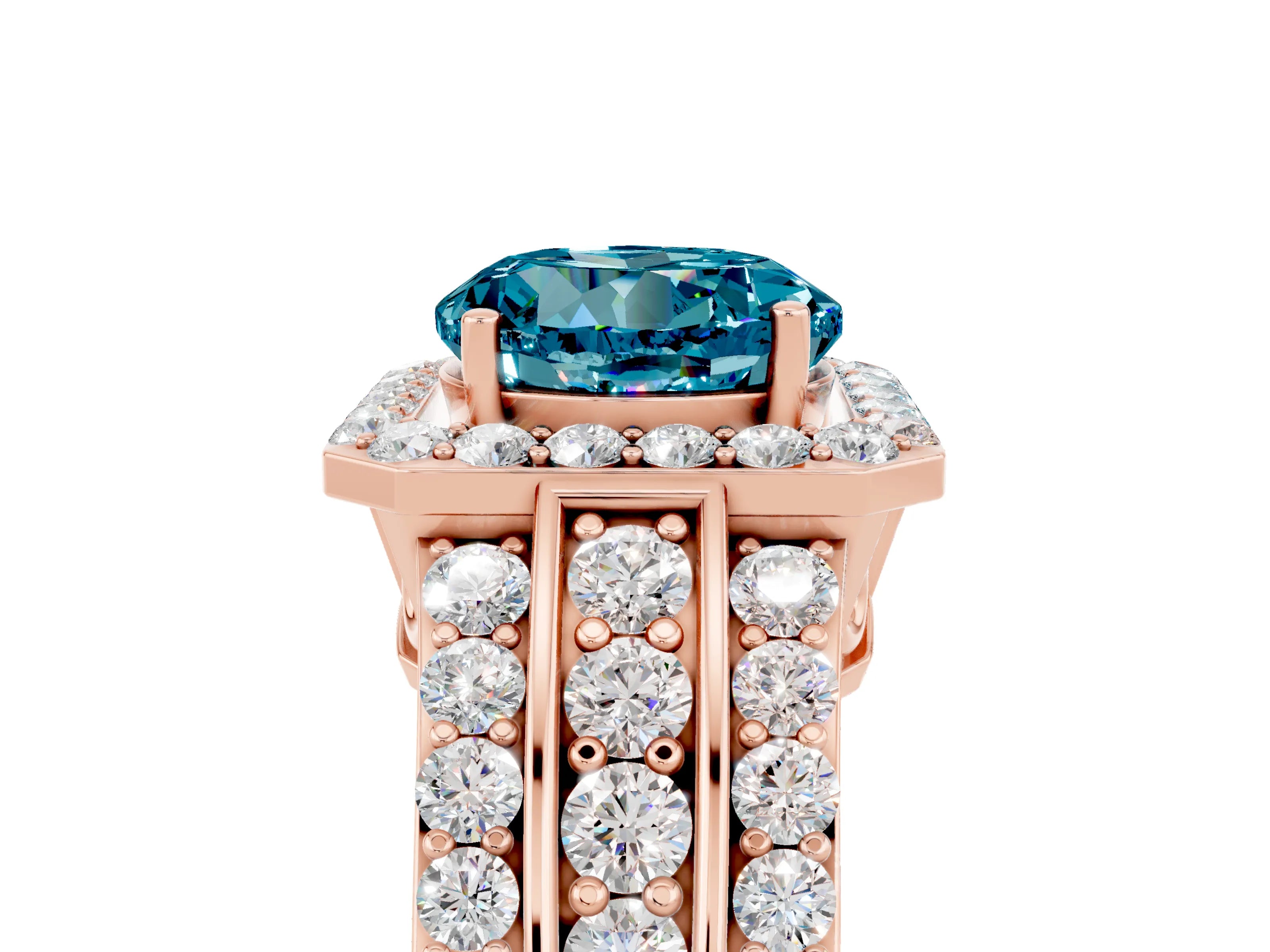 Rose gold Round Cut Halo Blue Topaz Ring with Split Shank and Four-Prong Setting_5