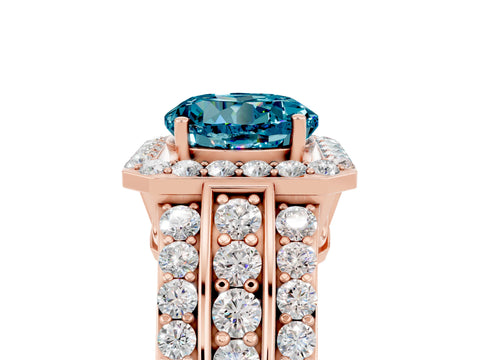Rose gold Round Cut Halo Blue Topaz Ring with Split Shank and Four-Prong Setting_5