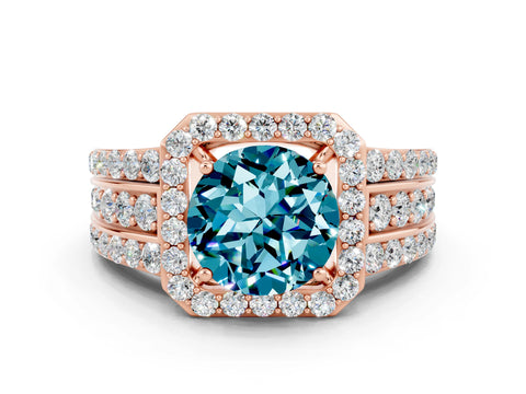 Rose gold Round Cut Halo Blue Topaz Ring with Split Shank and Four-Prong Setting