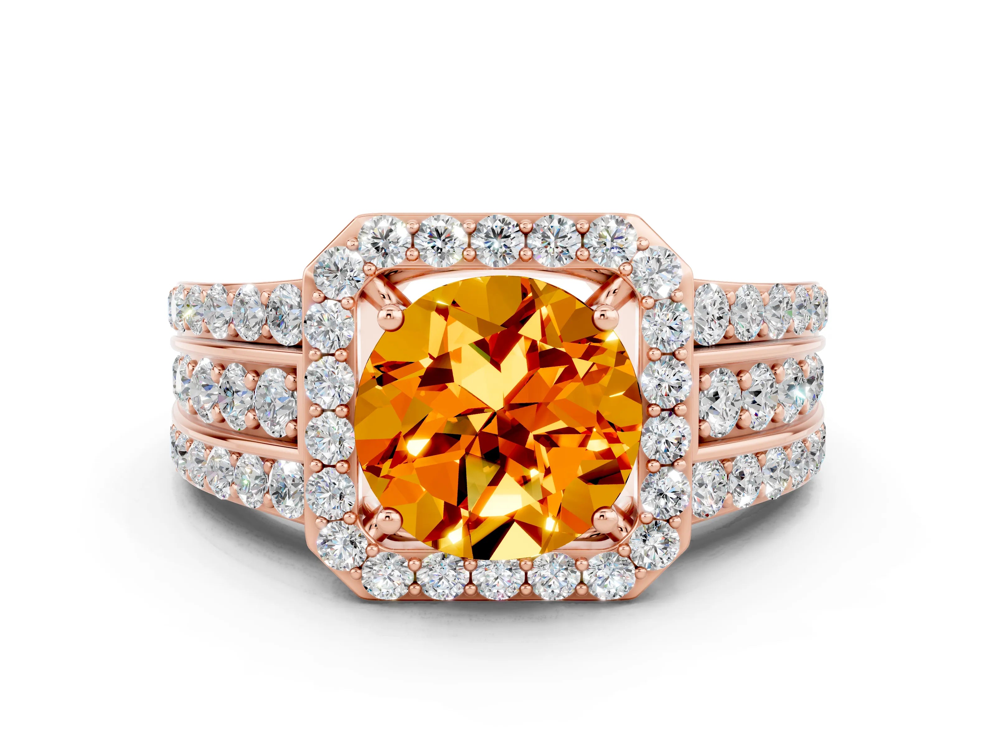 Rose gold Round Cut Halo Citrine Ring with Split Shank and Four-Prong Setting