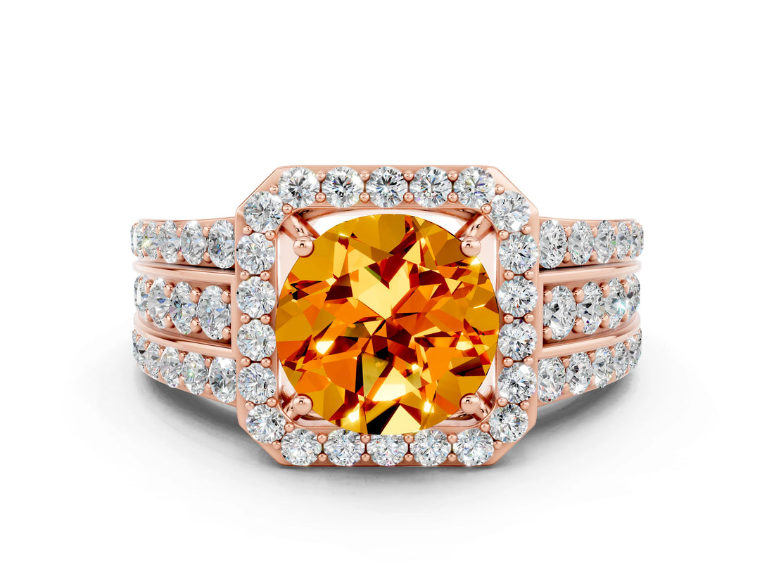 Rose gold Round Cut Halo Citrine Ring with Split Shank and Four-Prong Setting