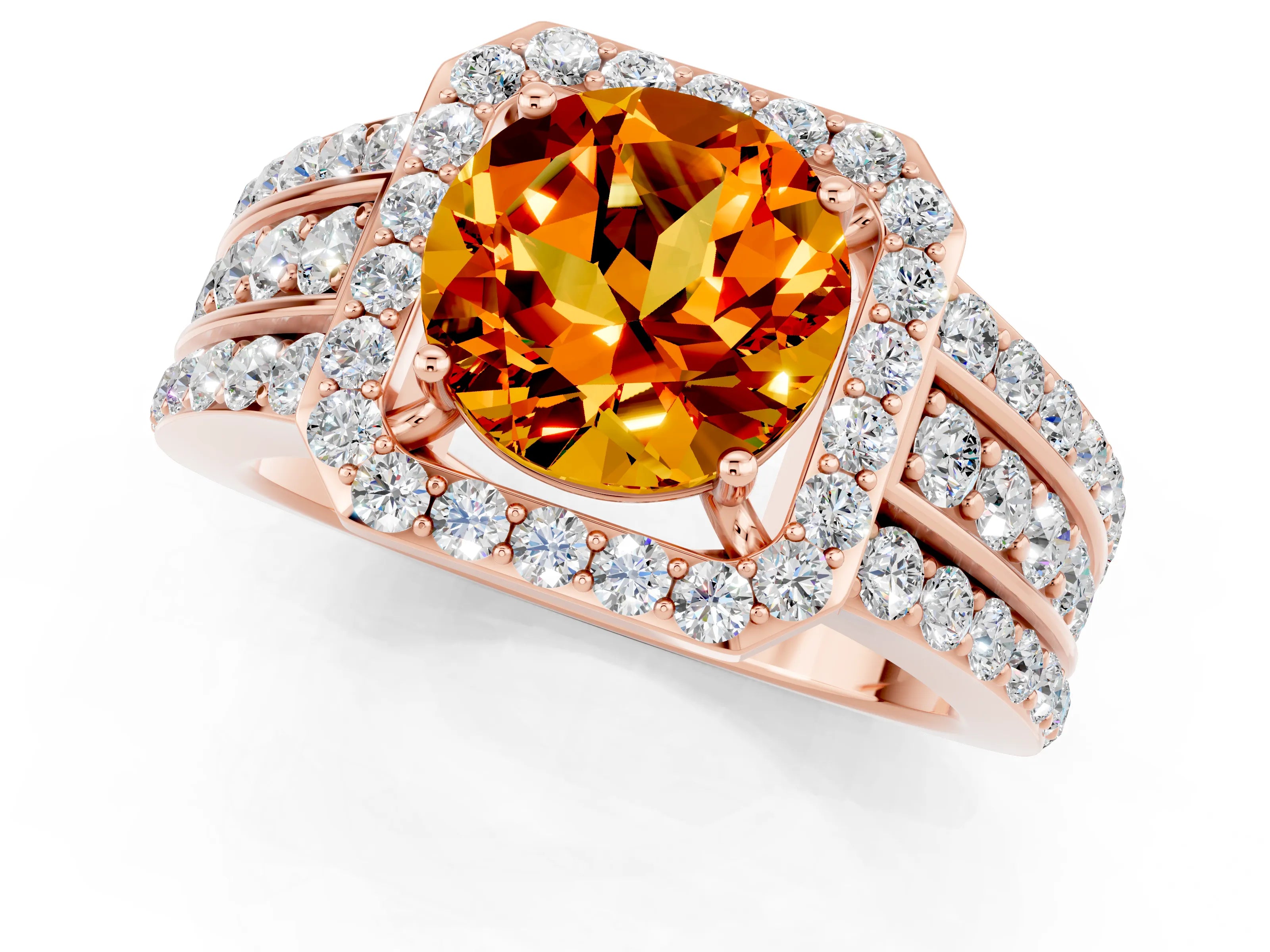 Rose gold Round Cut Halo Citrine Ring with Split Shank and Four-Prong Setting_1