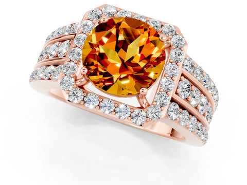 Rose gold Round Cut Halo Citrine Ring with Split Shank and Four-Prong Setting_1