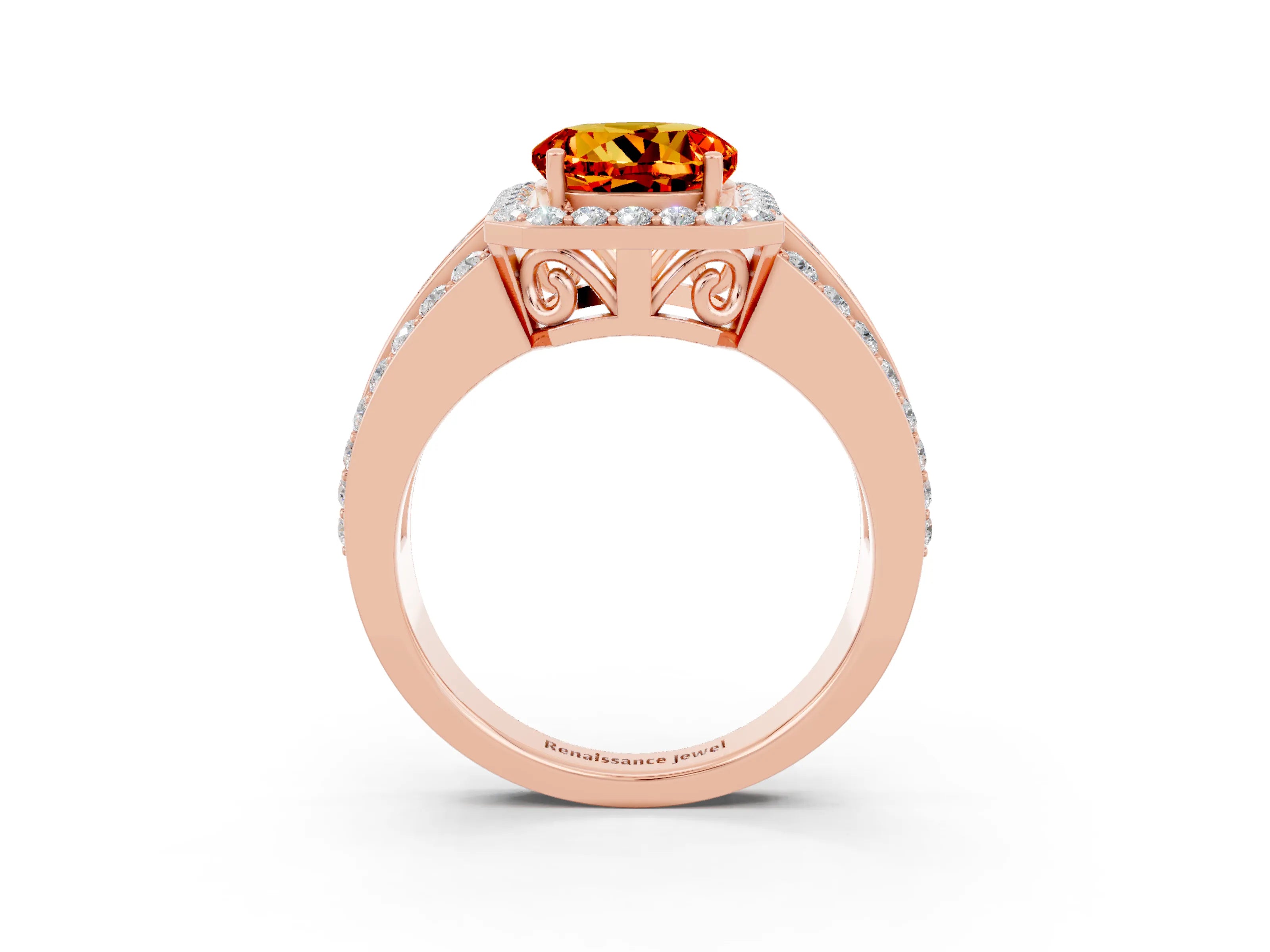 Rose gold Round Cut Halo Citrine Ring with Split Shank and Four-Prong Setting_3