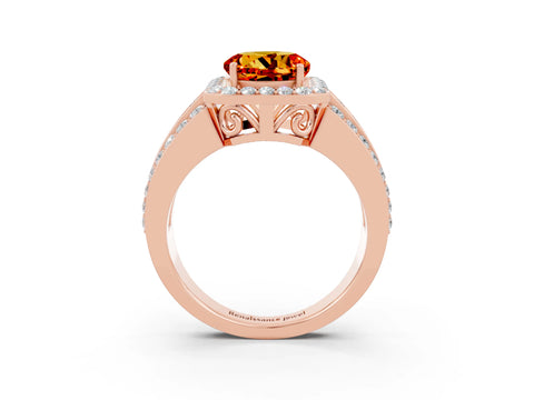 Rose gold Round Cut Halo Citrine Ring with Split Shank and Four-Prong Setting_3
