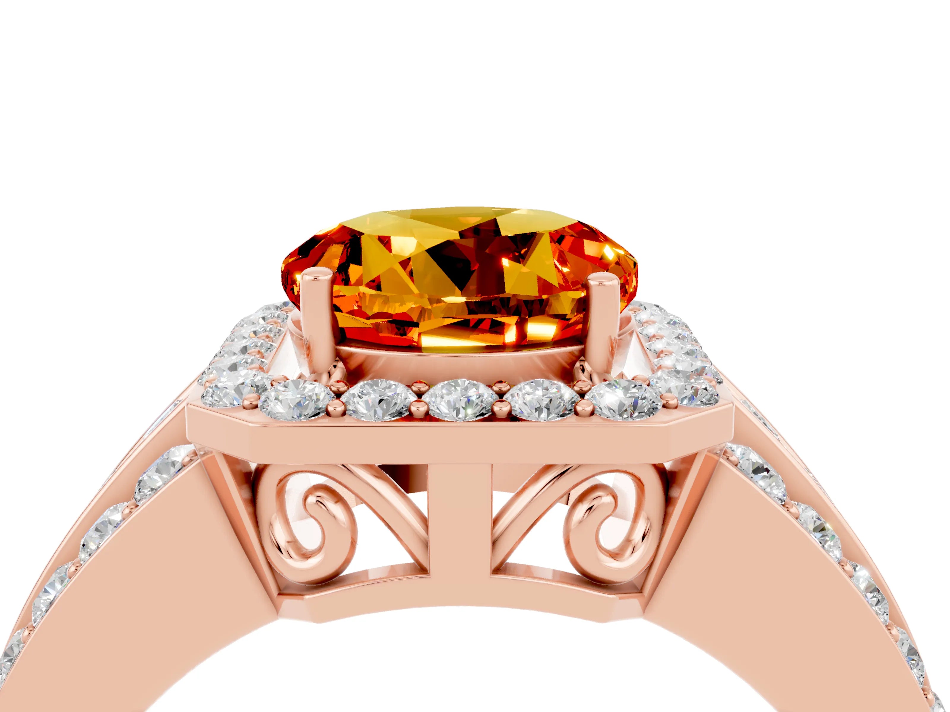Rose gold Round Cut Halo Citrine Ring with Split Shank and Four-Prong Setting_4