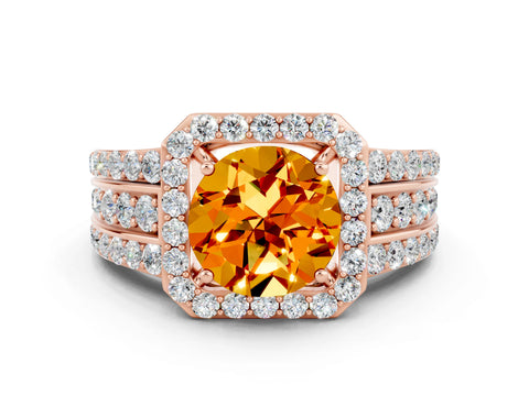 Rose gold Round Cut Halo Citrine Ring with Split Shank and Four-Prong Setting