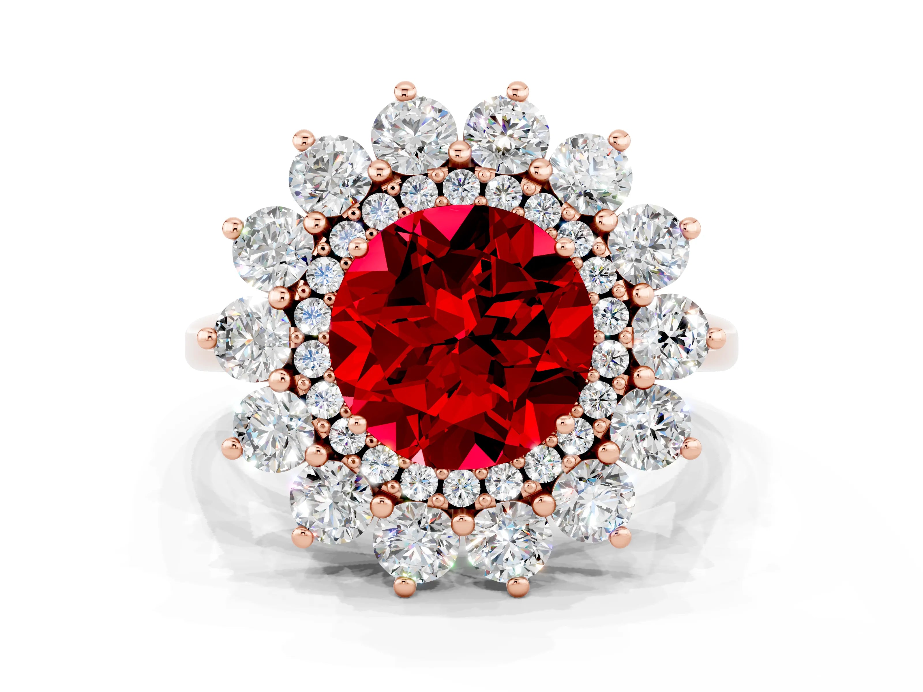 Rose gold Round Cut Halo Cluster Diamond Ring with Pave Band and Four-Prong Setting