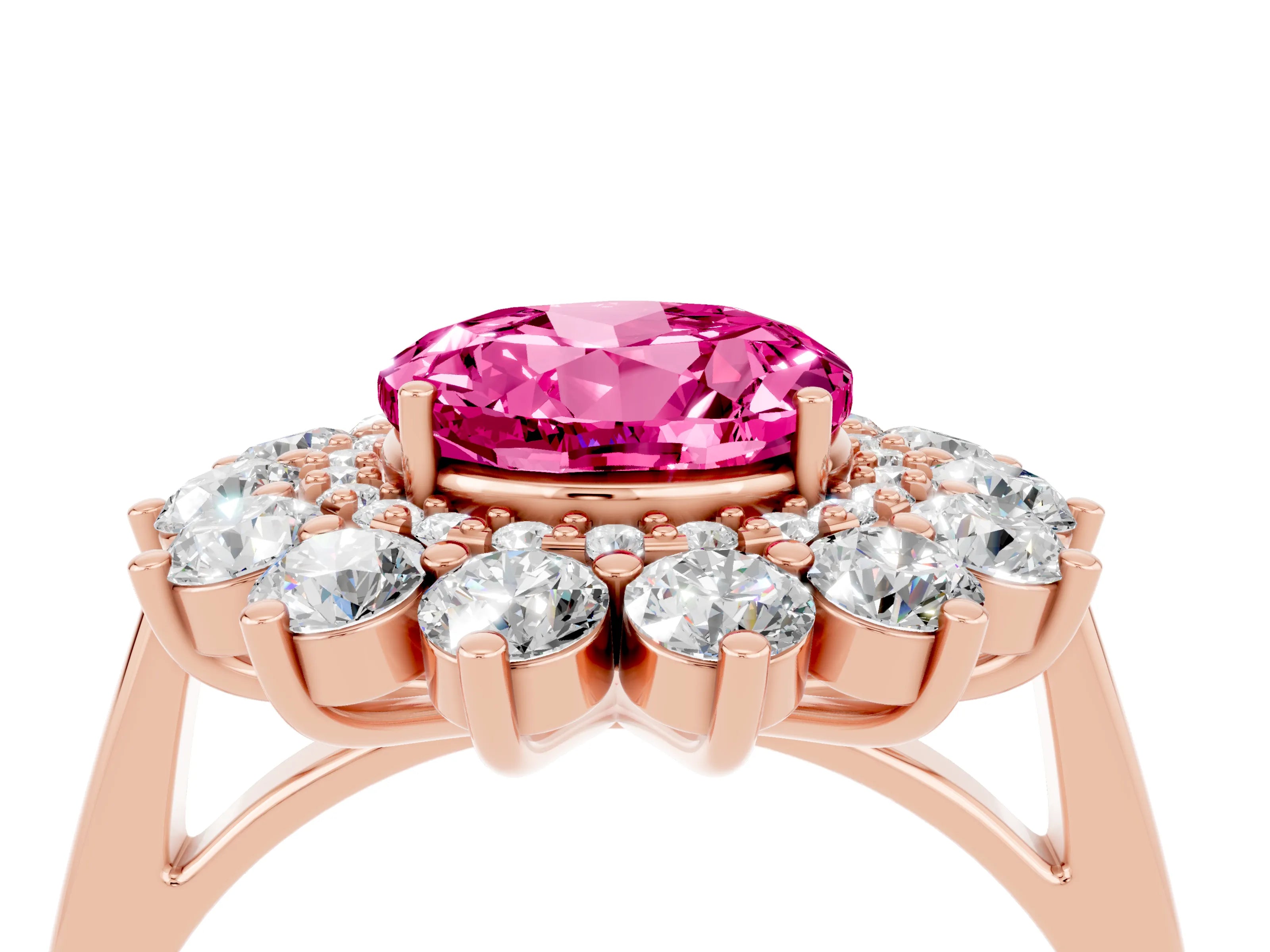 Rose gold Round Cut Halo Cluster Diamond Ring with Pave Band and Four-Prong Setting_10