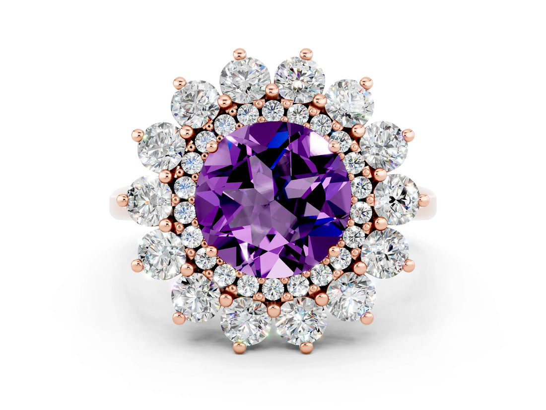 Rose gold Round Cut Halo Cluster Diamond Ring with Pave Band and Four-Prong Setting_12